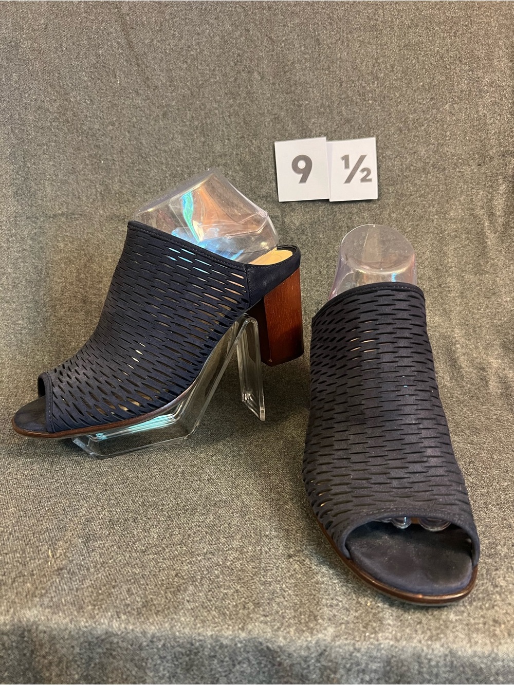 Woven Open-Toe Mule Heels in Navy